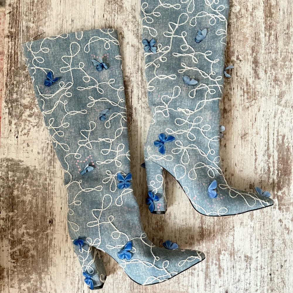 Denim Blue Butterfly High Boots